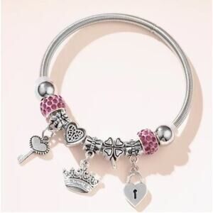 Women's Heart Lock and Key Charm Pull On Silver Tone Bracelet